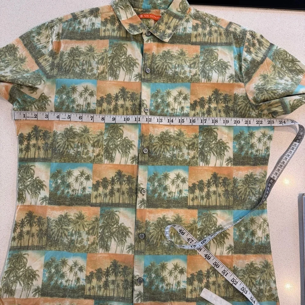 Tori Richard Hawaiian Shirt Tropical Palm Trees Print Size Large Tan Cotton Lawn